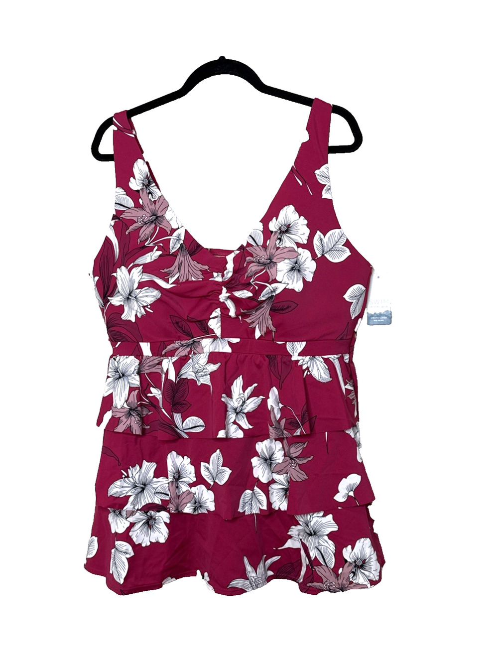 Swim By Cacique Tankini Top Size 22 Pink Floral Ruffle Lightly Lined No wire New